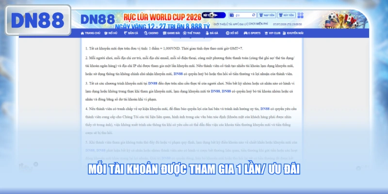 Mỗi tài khoản được tham gia 1 lần/ ưu đãi